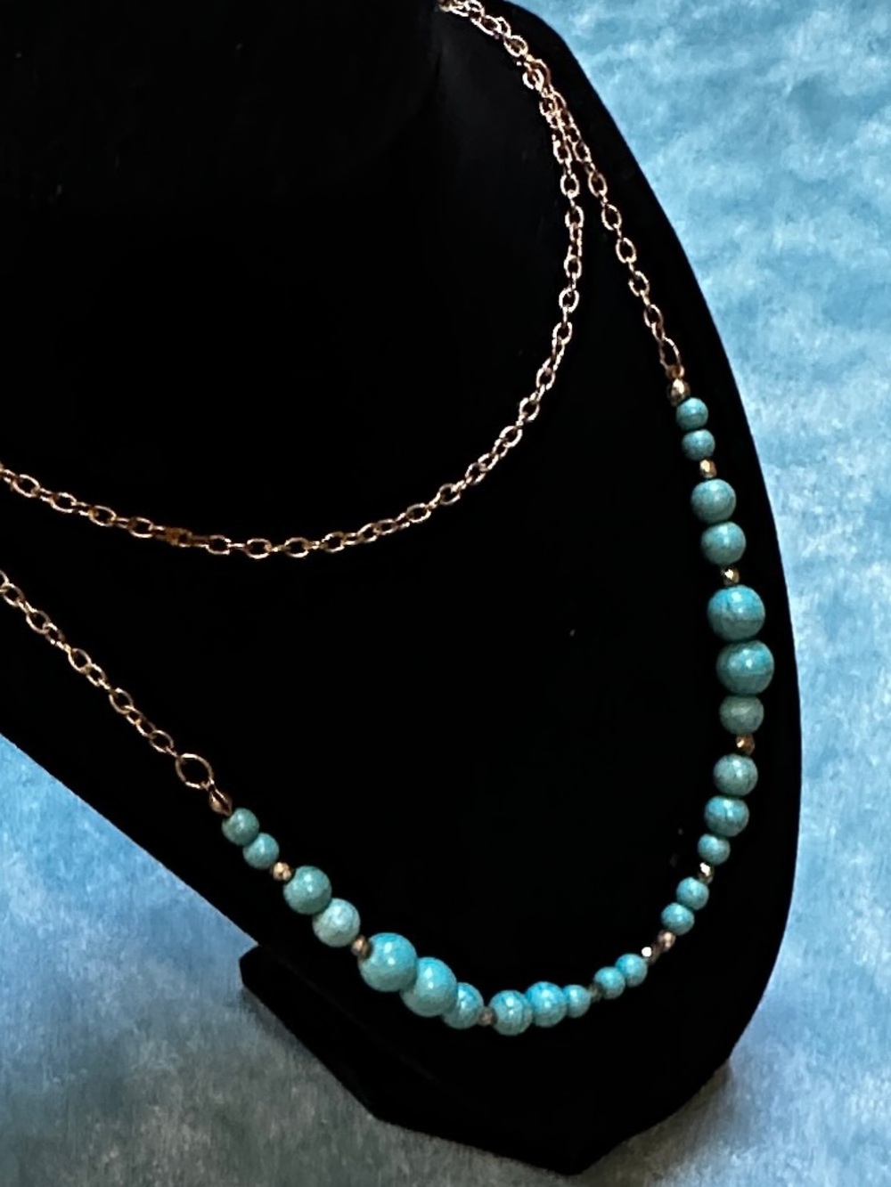 Long Turquoise & Gold Tone Chain / Bead Necklace - Women's Jewelry